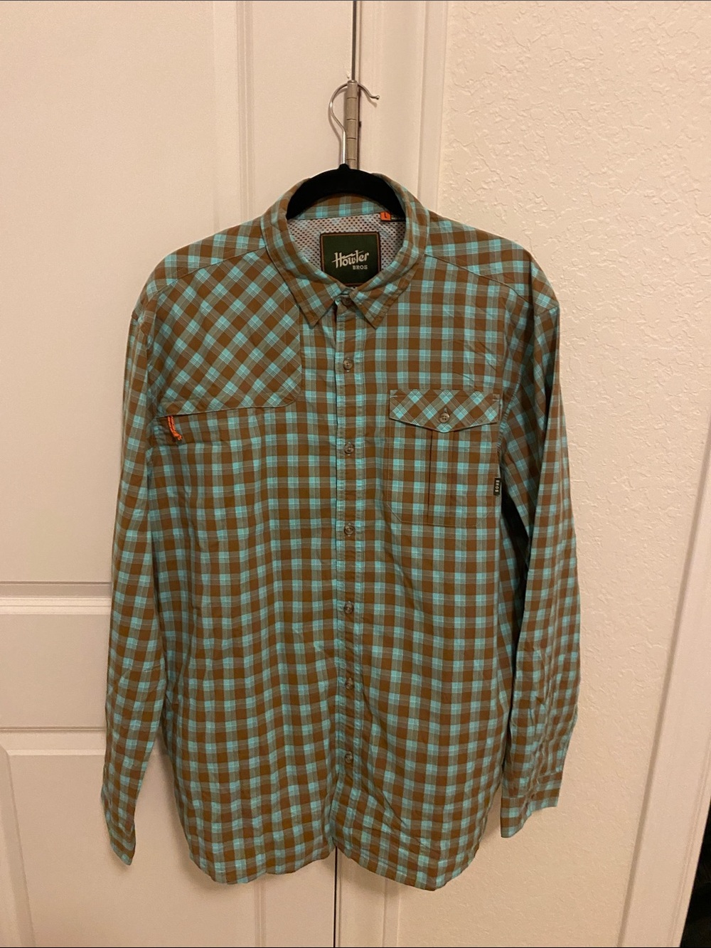 Howler Brothers Men's Long-Sleeve Plaid Shirt in Teal and Brown. HBar tech